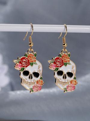 1 pár halloweenských náušnic ze slitiny zinku s hlavou a květy růže pro ženy, vtipné šperky na uši