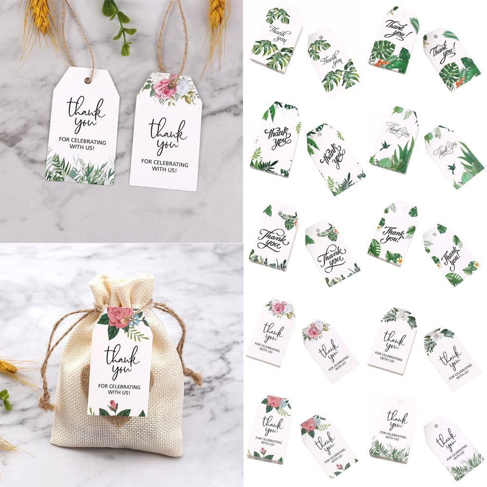 100PCS Green Leaves Thank You Cards Flower Pattern Wrapping Cards Thank You Labels Paper Green Plant Gift Wrap Decoration Cards