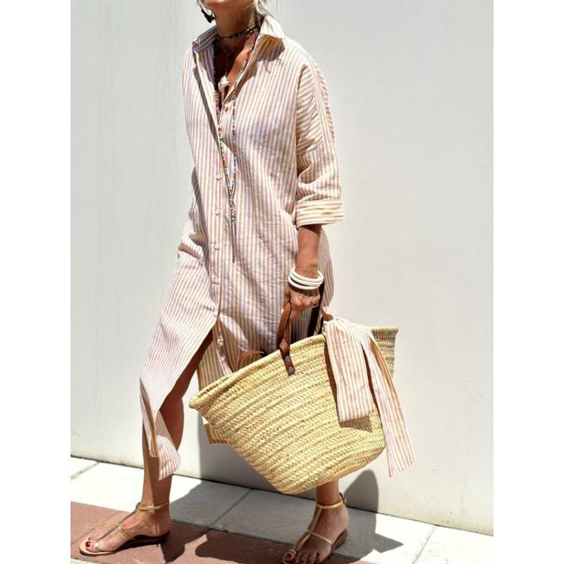 A New Women's Five-sleeved Striped Cardigan with A Lapel Shirt Dress
