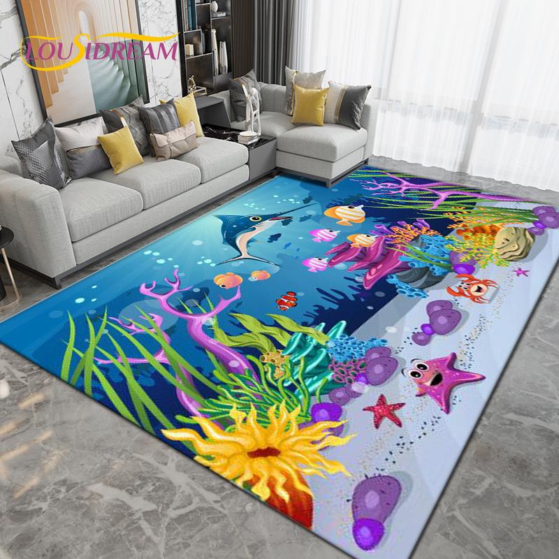 Ocean Underwater World Fish Dolphin Octopus Area Rug,Carpet Rug for Living Room Bedroom Sofa,Kitchen Bathroom Non-slip Floor Mat