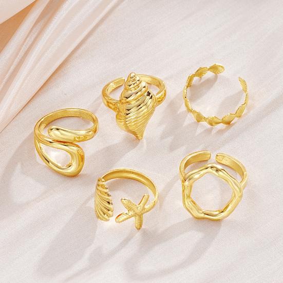 5Pcs Ocean Beach Ring Men Women Golden Starfish Shell Sea Snail Finger Ring Adjustable Opening Alloy Coastal Ring Fashion Jewelry