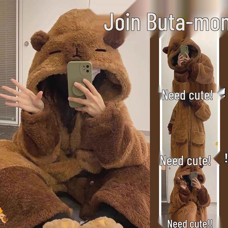 

Халат из толстого кораллового флиса на зиму с капибарой - Симпатичный стиль, женская домашняя одежда M