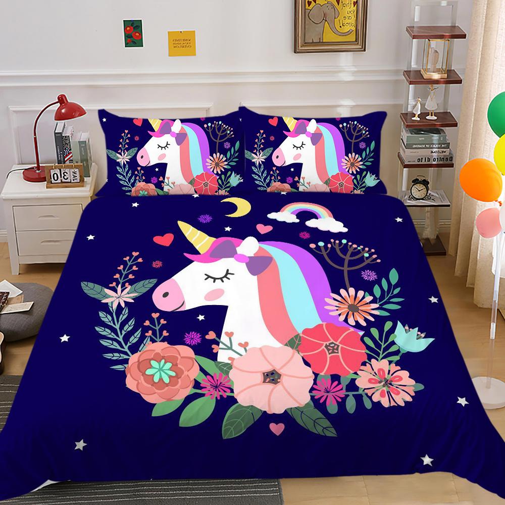 2023 Ny stil Dynetrekksett med Putetrekk Enhjørning Utskrift Sengedrakt King Queen Size Hjemmetekstiler Luksus Sengetrekksett