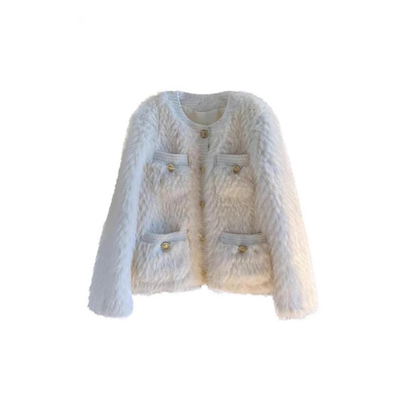 Faux Shearling Coat Womens Slim Fit Fuzzy Fur Jacket Round Neck Long Sleeve Winter Outerwear