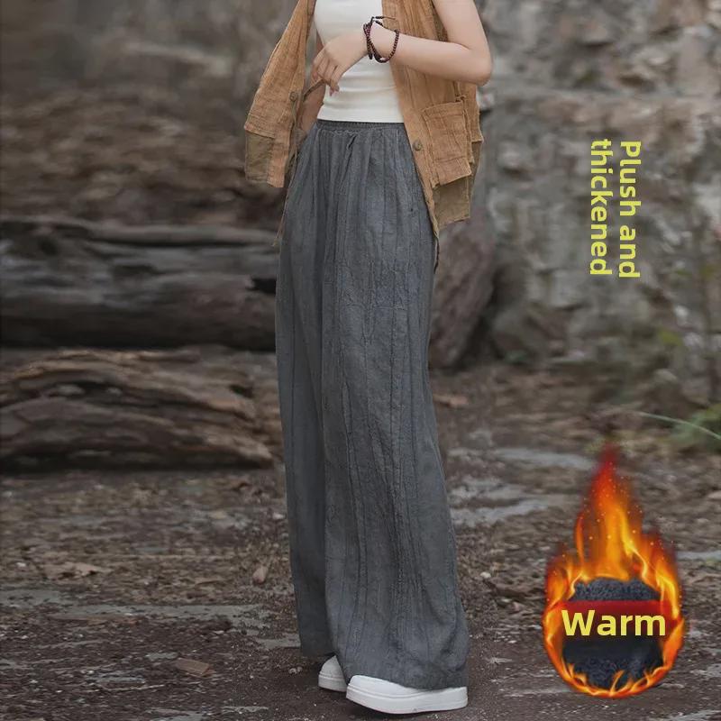 Women's Tie-Dye Cotton & Linen Wide-Leg Trousers with Velvet & Thickened Ramie