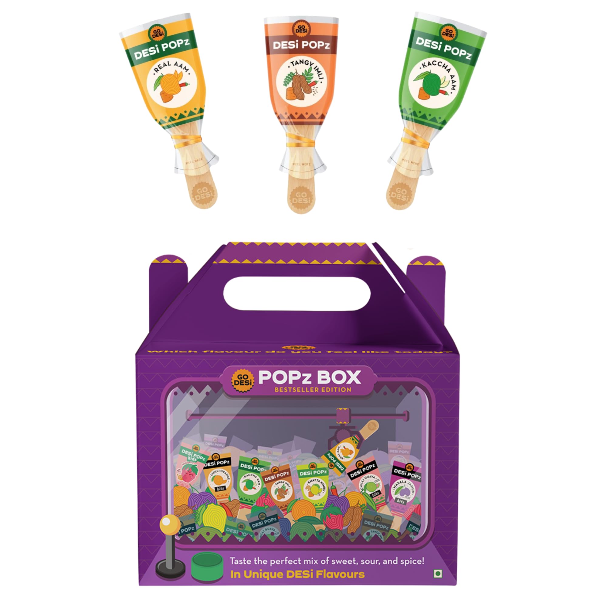 GO DESi Popz Trial Pack, Gourmet Gift Hamper, Assorted, Gift Box, Tangy Imli, Kaccha Aam, Real Aam, Candy
