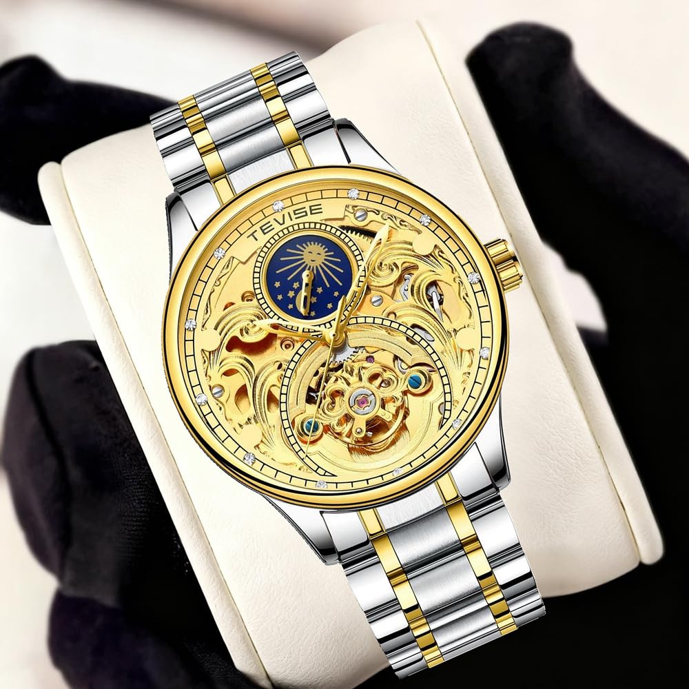 Gold Skeleton Automatic Mechanical Watch for Men Stainless Steel Moon Phase Luminous Diamond Hollow Watch