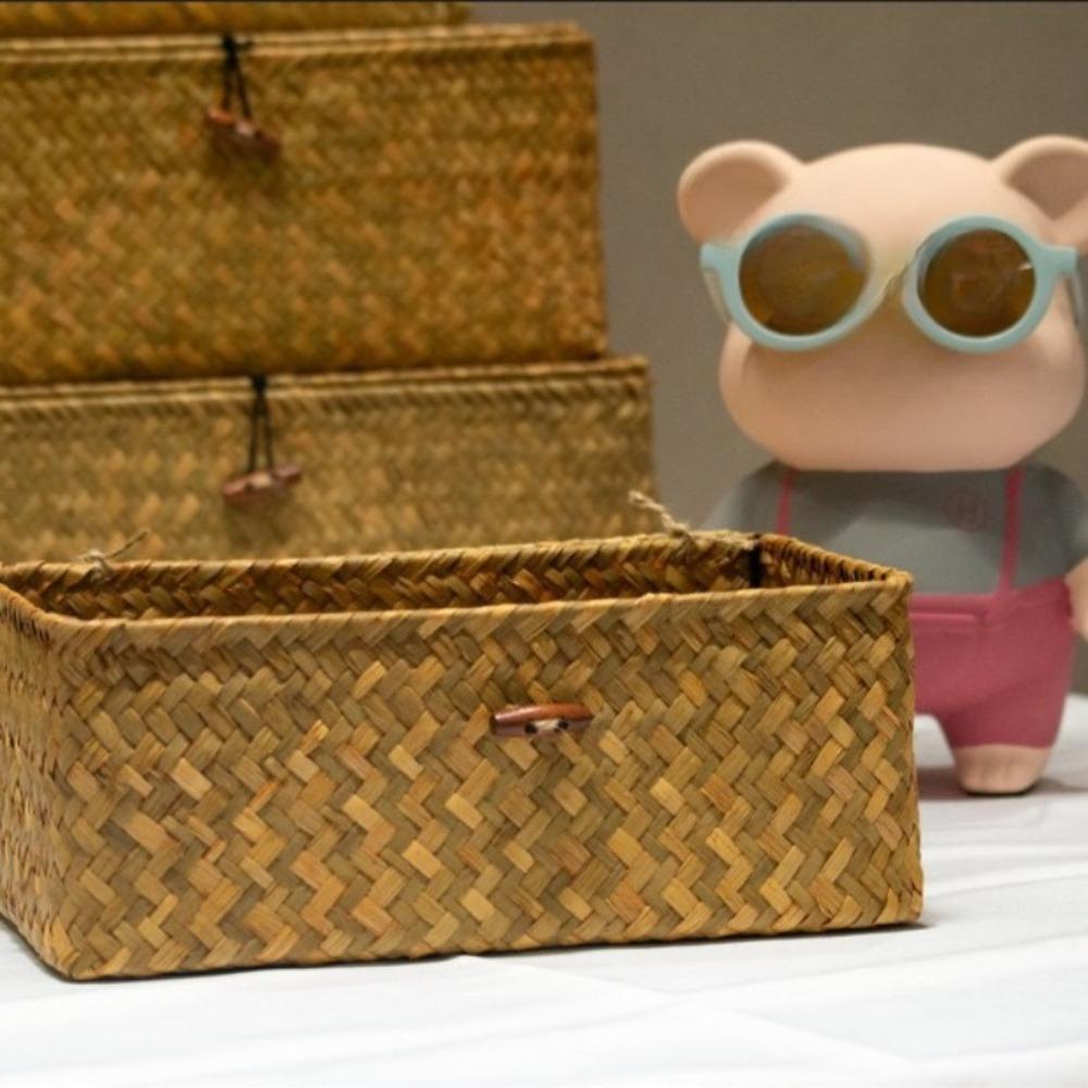 Natural Seaweed Woven Belt Covered Storage Box, Photography Props, Miscellaneous Items Sorting Basket, Desktop Storage Box