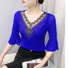 Summer Fashion Sexy V-neck Girl T-shirt Clothes Shiny Hot Diamond Flare Sleeve Mesh Tees High Quality Women's Tops