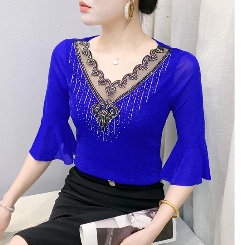 Summer Fashion Sexy V-neck Girl T-shirt Clothes Shiny Hot Diamond Flare Sleeve Mesh Tees High Quality Women's Tops