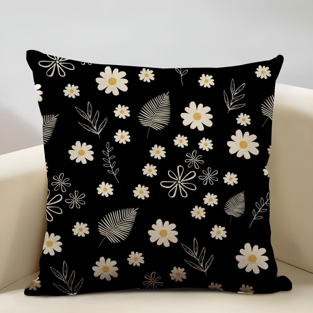 Black Daisy Cushion Cover Natural Linen Organic Fabric Double-Sided Printing Sofa Home Decor Gift Pillow Cover