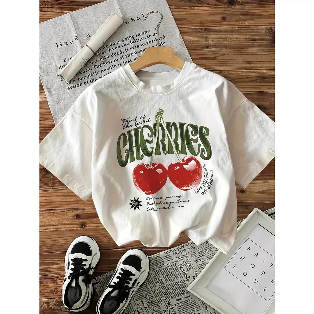 Women Cherry TShirt with Heart Cherries Graphic Print ONeck Tops T Shirt Short Sleeve Clothing FeUnisex Casual Kawaii Clothes