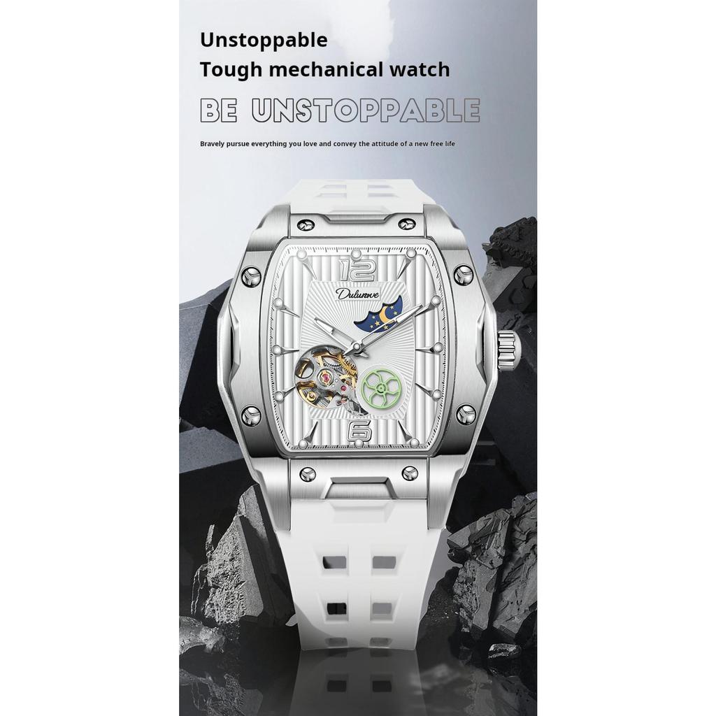 Dulunwe Tonneau Sports Men's Tourbillon Watches Starry Moon Phases Hollow Out Automatic Mechanical Watch Rubber Strap Luminous Wristwatch