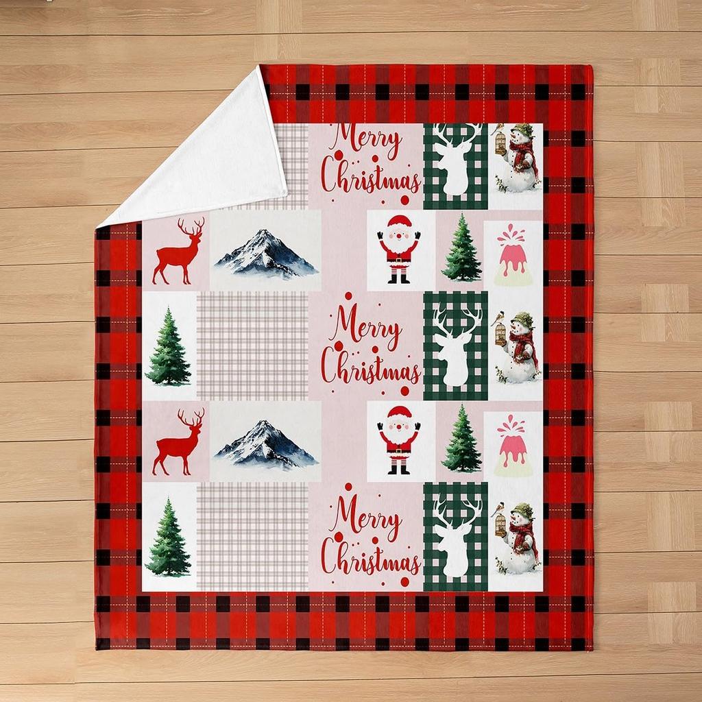 Xmas Grids Flannel Blanket Warm Lightweight,Merry Christmas Theme Warm Blanket for Couch Sofa Decor,Cartoon Santa Claus Warm