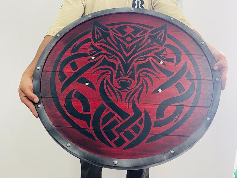 Fenrir Red Wolf Viking Shield: Battleworn Wooden Shield, 24 Inch