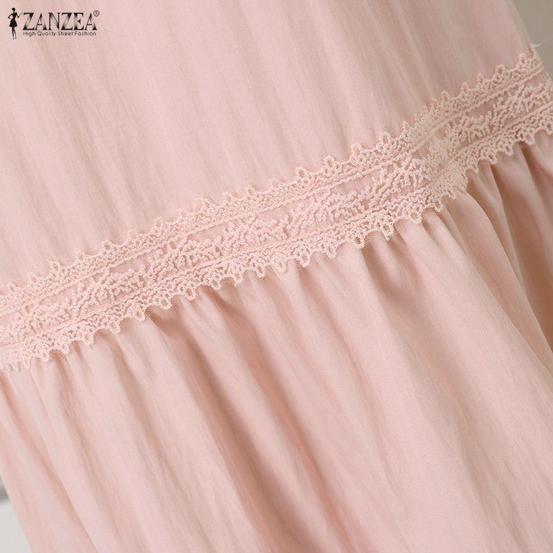 ZANZEA Womens Lace Patchwork Casual Round Neck Short Sleeve Elegant Dress