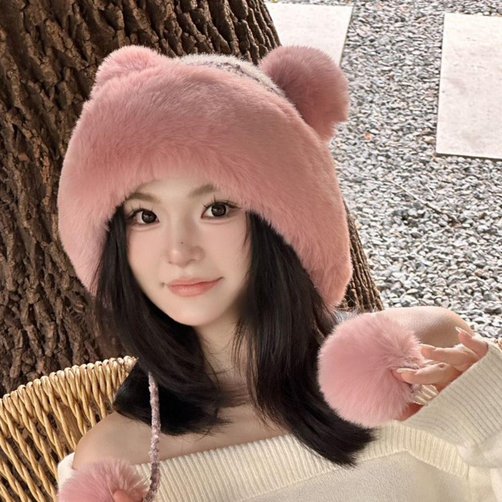 Thickened Plush Pompom Balls Cap Cute Ears Winter Warm Hat New Ear Protection Cap Autumn Winter