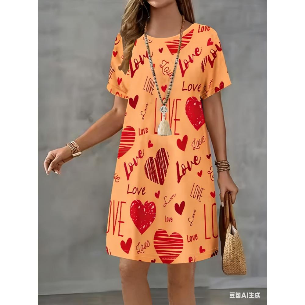 New love-themed printed dress, women's summer short-sleeved round-neck casual A-line skirt