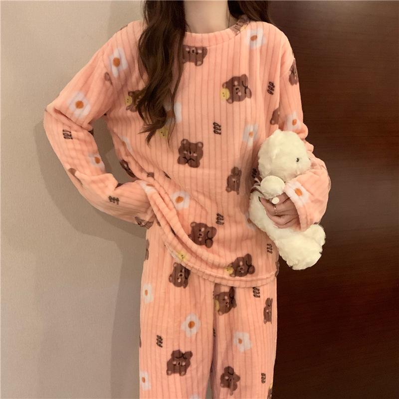 Damen Dickes Flanell Korallenfleece Pyjama Set - Niedlicher Langer Cardigan Homewear für Herbst und Winter