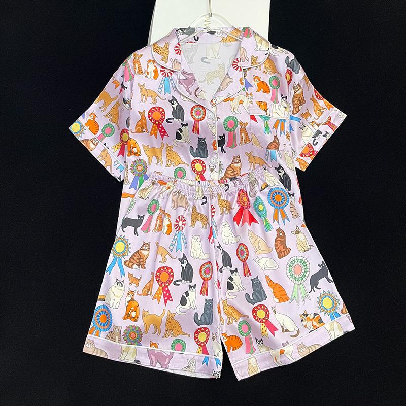 

Женская летняя пижама из двух частей с принтом мультяшного кота, короткая, из искусственного шелка, классическая домашняя одежда для сна XXL