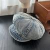 Retro and Old Washed Denim Octagonal Hat Women's Early Autumn Versatile Face Small Beret Big Head Circumference Newsboy Painter Hat