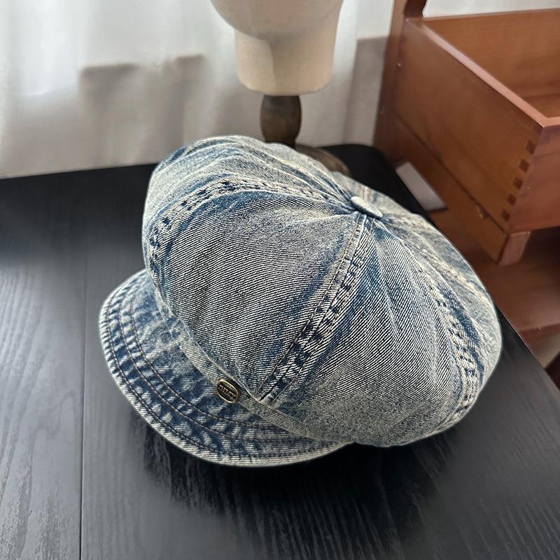 Retro and Old Washed Denim Octagonal Hat Women's Early Autumn Versatile Face Small Beret Big Head Circumference Newsboy Painter Hat