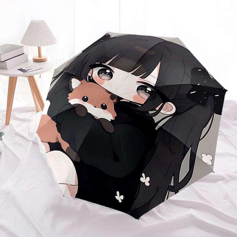 1pc Anime Character with Bowknot Design Automatic Opening/Closing Outdoor Umbrella - Portable Three-Fold Design, 8-Rib Iron Frame Outdoor Umbrell