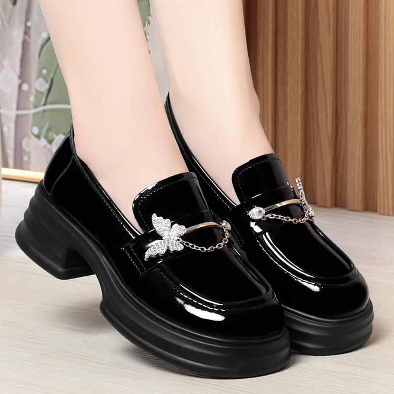 Fashion 5cm Butterfly Bright Leather Loafers Women's Chunky Platform Shoes 2024 Spring Square Heels Pumps For Office Mom Girls Versatile