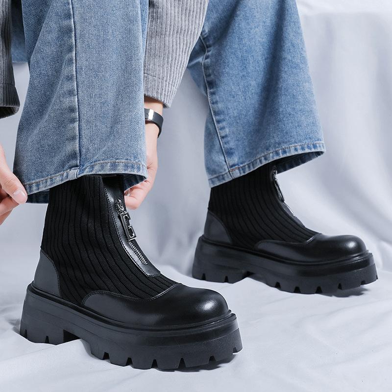 England Style Mens Fashion Platform Boots  Designer Black White Shoes Punk Rock Cowboy Ankle Boot Air Mesh Chelsea Botas
