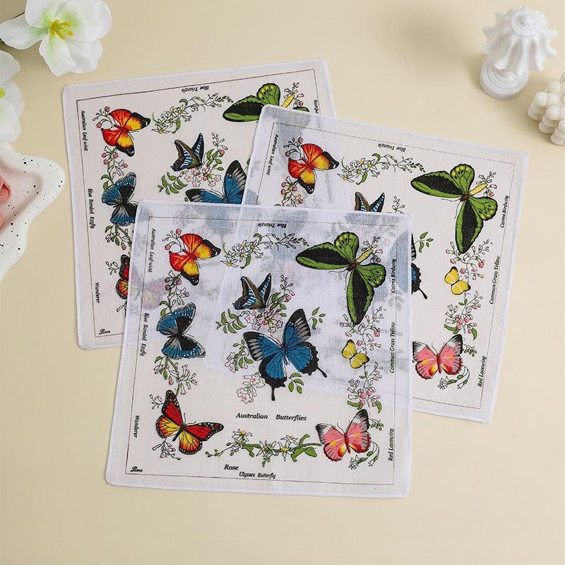 3Pcs 28x28cm Square Cotton Bird Butterfly Flower Printed Small Thin Women Handkerchief Sweat Wiping Towel Wedding Party Gift