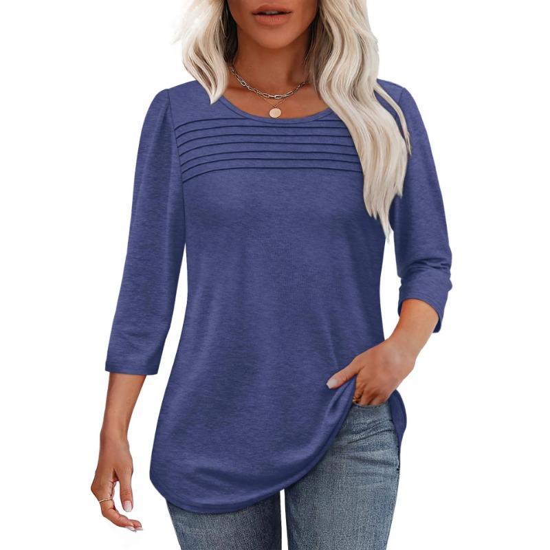 Autumn Round Neck Seven Quarter Sleeve Pleated Top Women's T-shirts