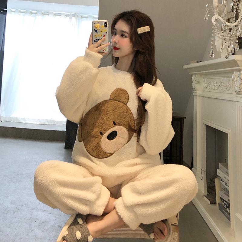 Korean Women's Winter Velvet Pajama Set - Cute Bear Coral Fleece Loungewear