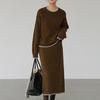 Europäisches und amerikanisches weich-wachsiges Herbst- und Winter-Strickanzug-Set für Damen, Rundhalsausschnitt, neuer weich-wachsiger lockerer Pullover + Rock Zweiteiler
