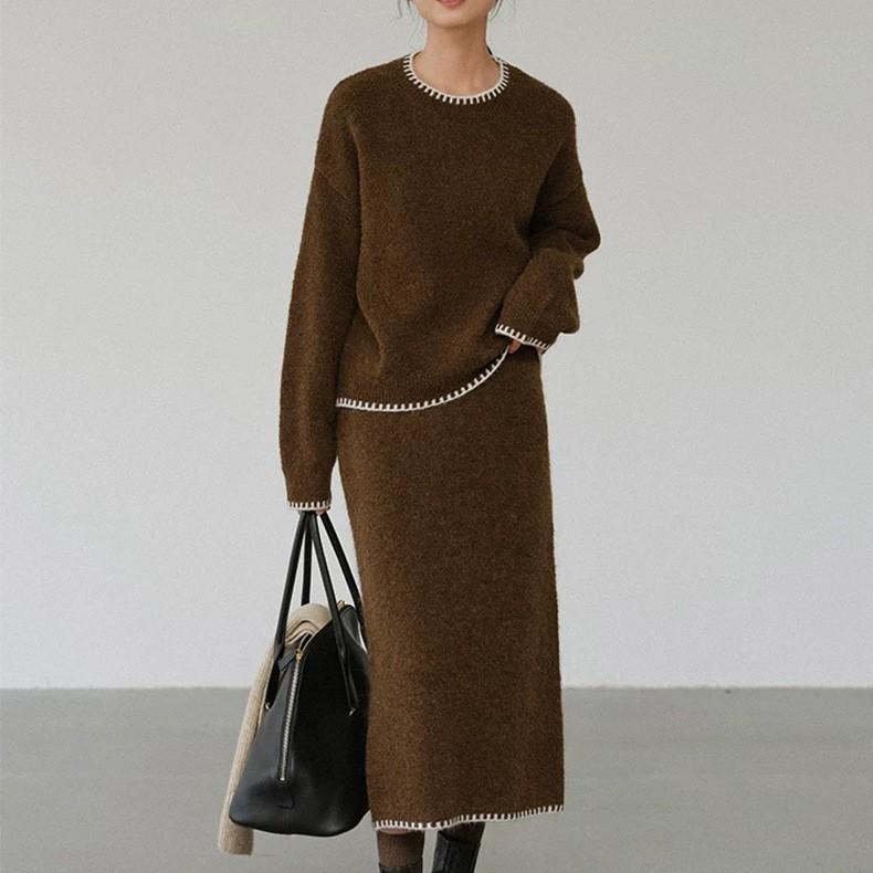 Europäisches und amerikanisches weich-wachsiges Herbst- und Winter-Strickanzug-Set für Damen, Rundhalsausschnitt, neuer weich-wachsiger lockerer Pullover + Rock Zweiteiler