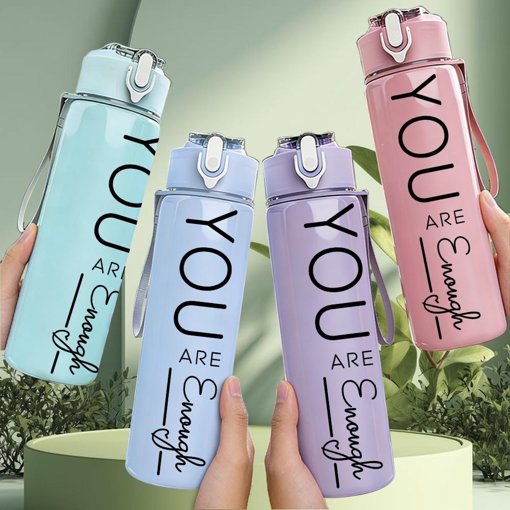 1PC You Are Enough Script Letter 750ml Color Plastic Sports Water Bottle Leakproof Flip Straw Lid Suitable for Sports Office Home Use