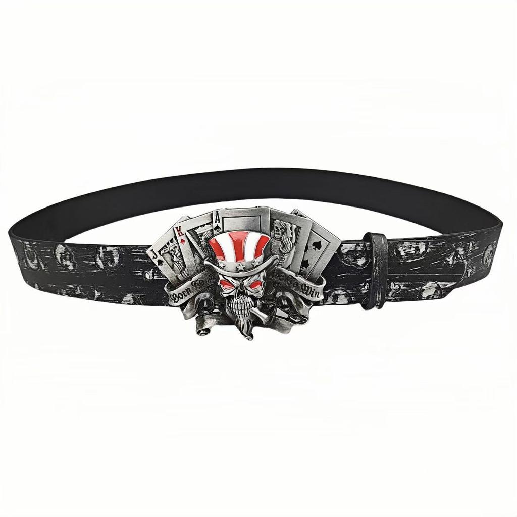 Trendy Skull Alloy Silver Buckle Embossed Belt Playing Card Buckle Fashion Youth Trouser Belt