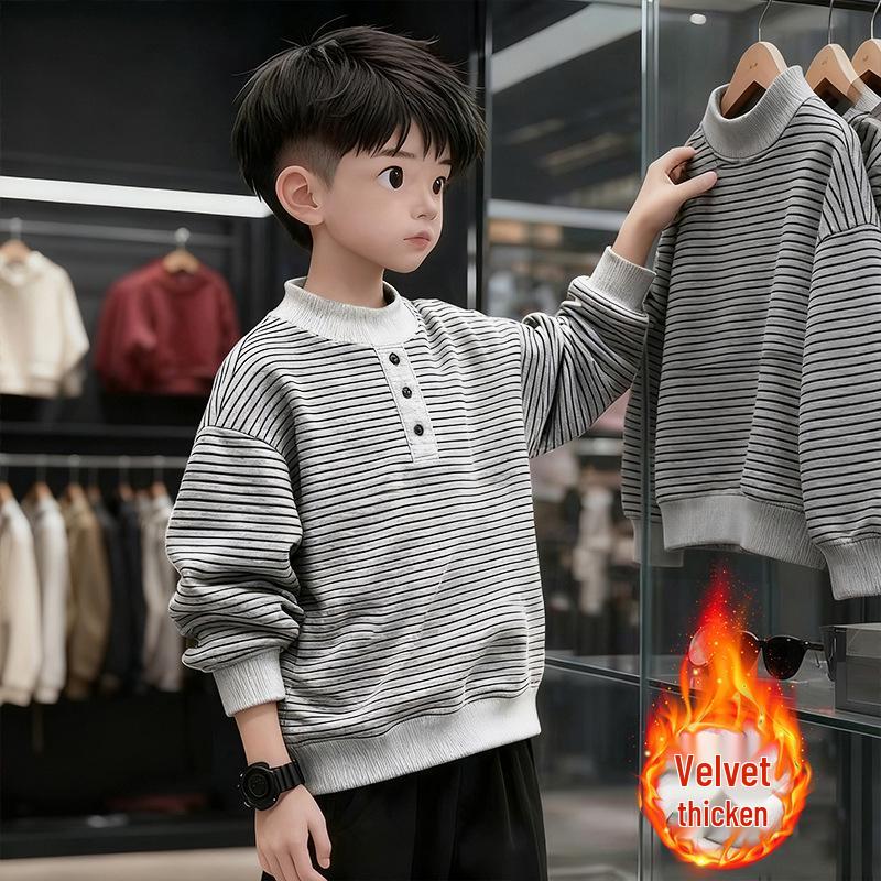 Thickened Lambswool Boys  Striped Fleece-Lined Sweatshirt Winter Warm Base Layer for Mid-Large Children 170 cm