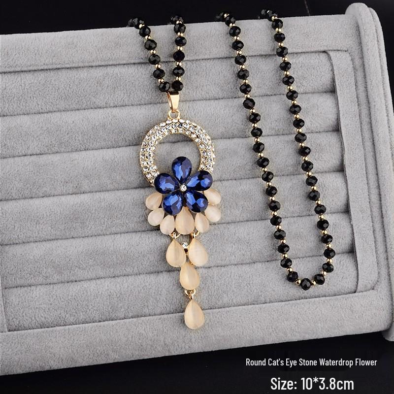 Elegant Women’s Crystal Flower Pendant Necklace - Versatile Autumn/Winter Sweater Chain Accessory