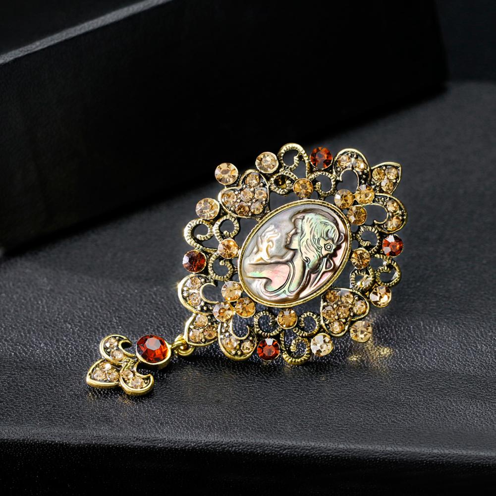 Women Alloy Brooch Fashionable Retro Breastpin Shell Beauty Head Crystal Inlaid Dress Accessories for Ladies