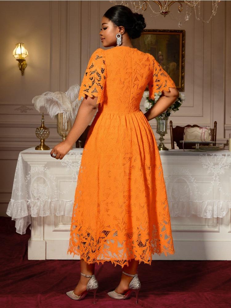 Elegant Orange Lace Dress with Irregular Hem and Hollow Out Design for Wedding Guest or Bridal Shower