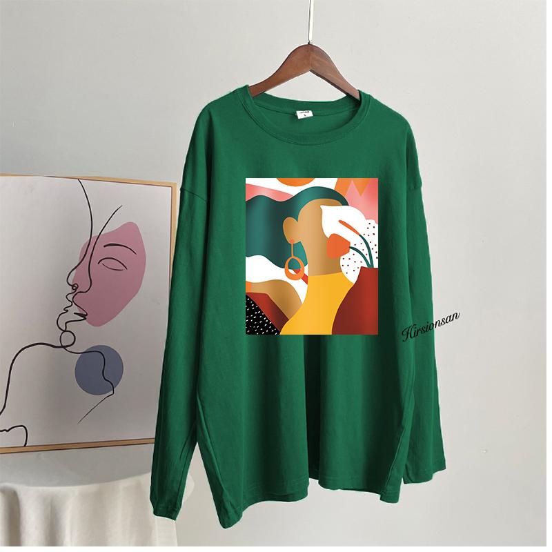Hirsionsan Vintage Printed Long Sleeve T-shirt Women Loose 100% Cotton O-neck Tees Female Chic Aesthetic Graphic Pullover 2023