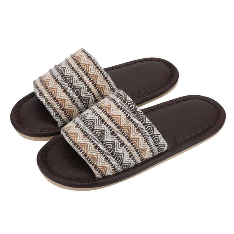 Retro striped linen slippers women's four-season universal comfortable non-slip soft sole one-word high-end home floor shoes