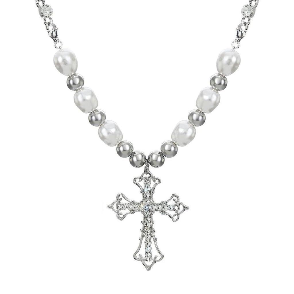 Crystal Cross Necklace for Women Girls, Big Pearl Stainless Steel Beads Necklace Choker, Cool Punk Cross Pendant Bling Chain Jewellery Gifts - Silver