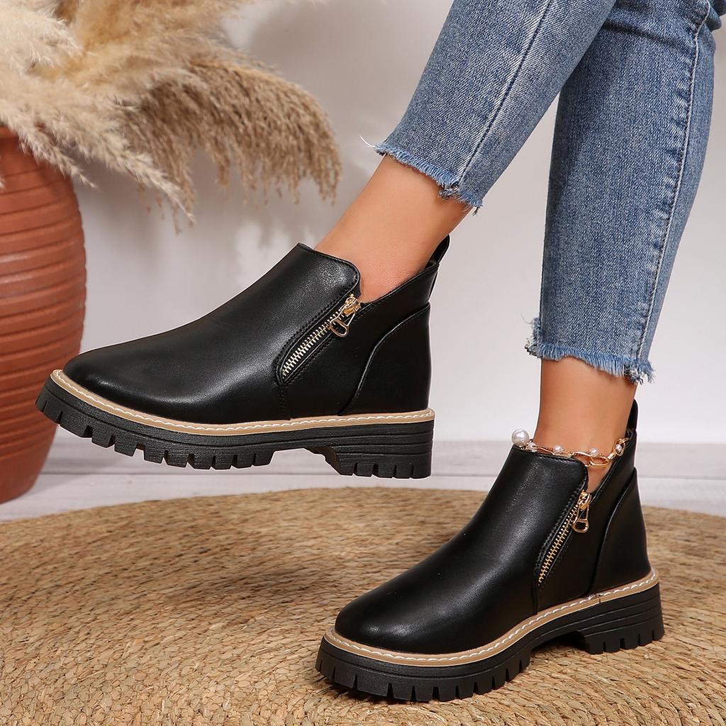 Autumn and Winter New Round Toe Thick High-heeled Short Boots, Side Zipper Waterproof Platform Women's Shoes