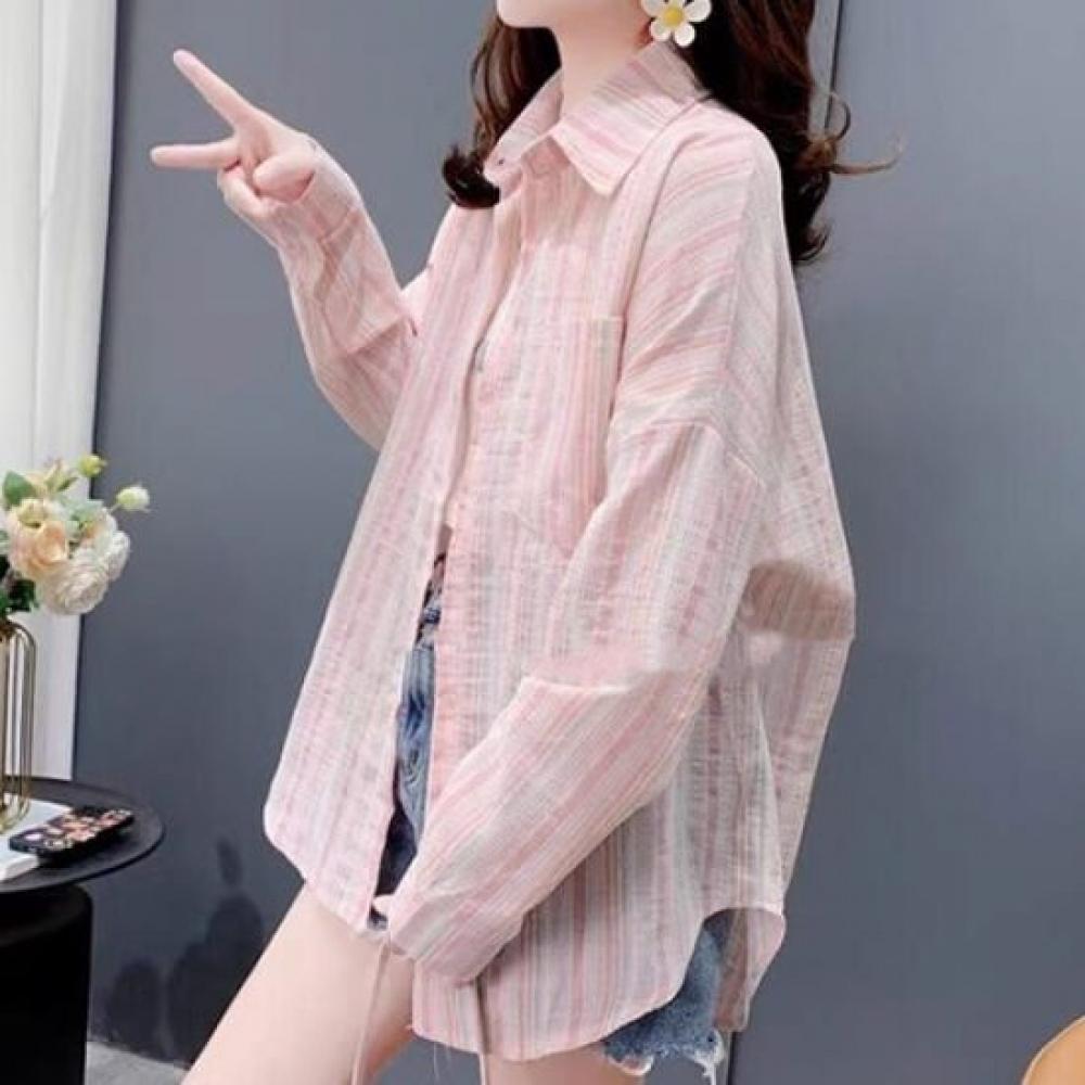 Navava Women Seersucker Stripe Long Sleeve Shirt Nb2656