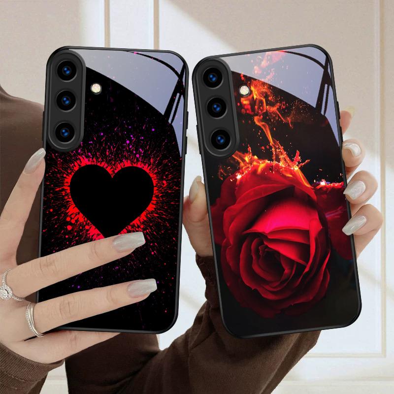 Brilliant Flame Rose For Samsung Galaxy S26 Ultra S25 Edge S24 FE S23 Plus S22 S21 S20 S22+ S24+ S25+ Black Glass Phone Case