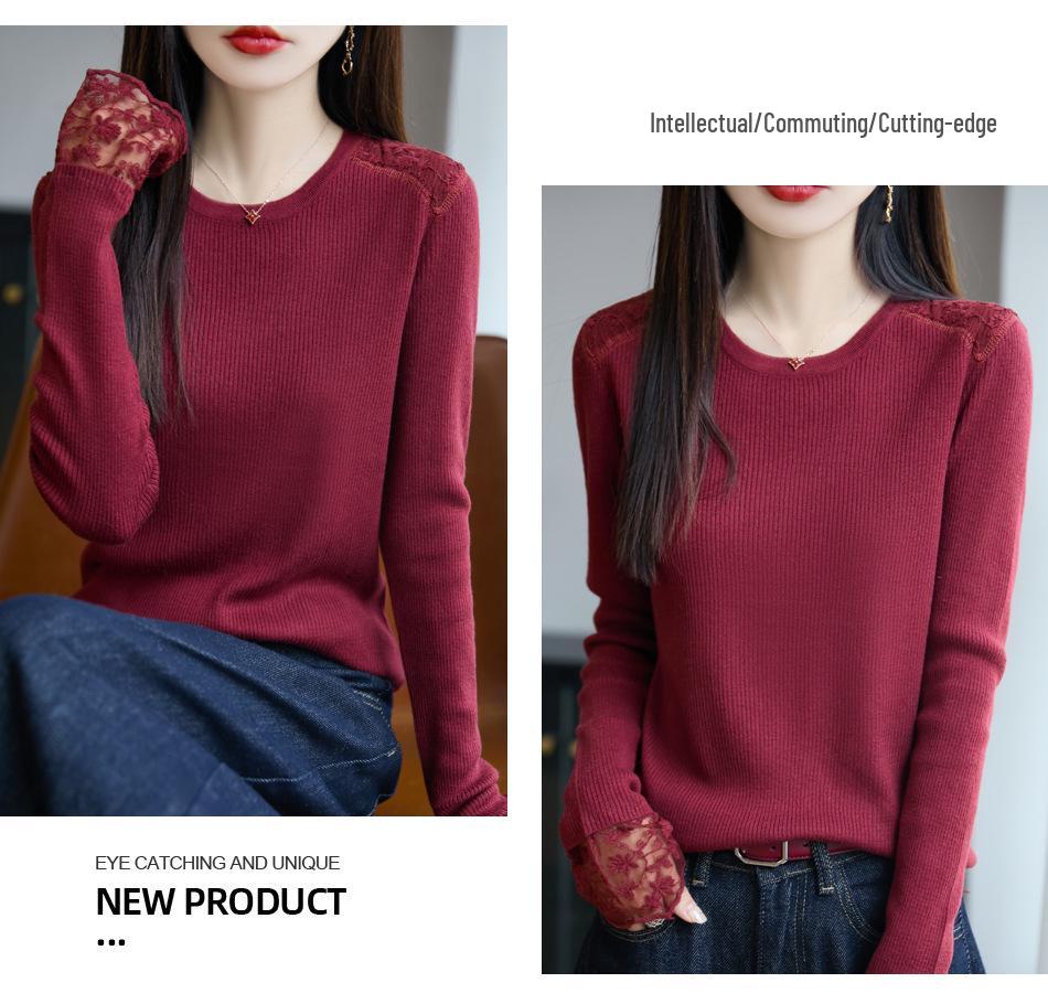 Retro Lazy-Style Knit Sweater with Hollow Lace Design for Women - Versatile Autumn/Winter Fashion