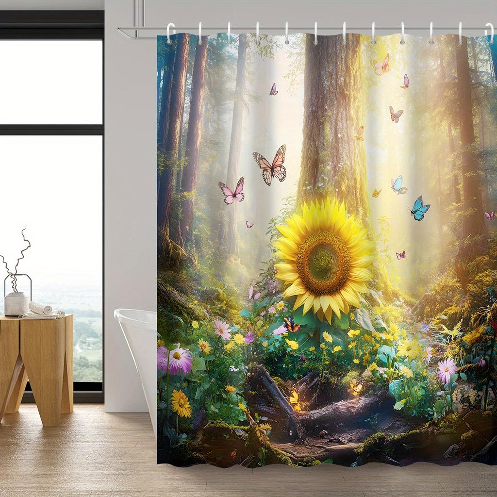 Sunshine Valley Fantasy Sunflower Butterfly Shower Curtain with 12 Hooks for Bathroom Decor