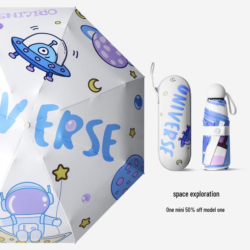Cartoon Mini Sun & Rain Five-Fold Umbrella for Women - Portable, Sunscreen, and Dual-Use