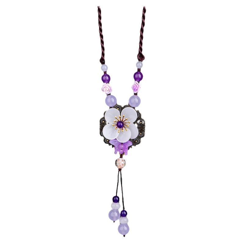 GEMCHIC Women's Ethnic Style Long Sweater Necklace with White Jade Flower Pendant, Retro Glass Beads Tassel Chain for Autumn Winter Fashion
